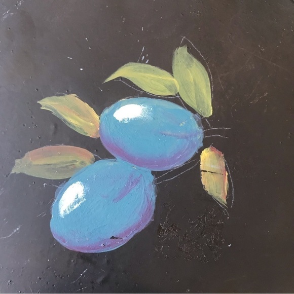 Cottagecore Hand painted Toleware Tin Bucket w/ Lid, Features a Fruit Motif - Picture 12 of 16